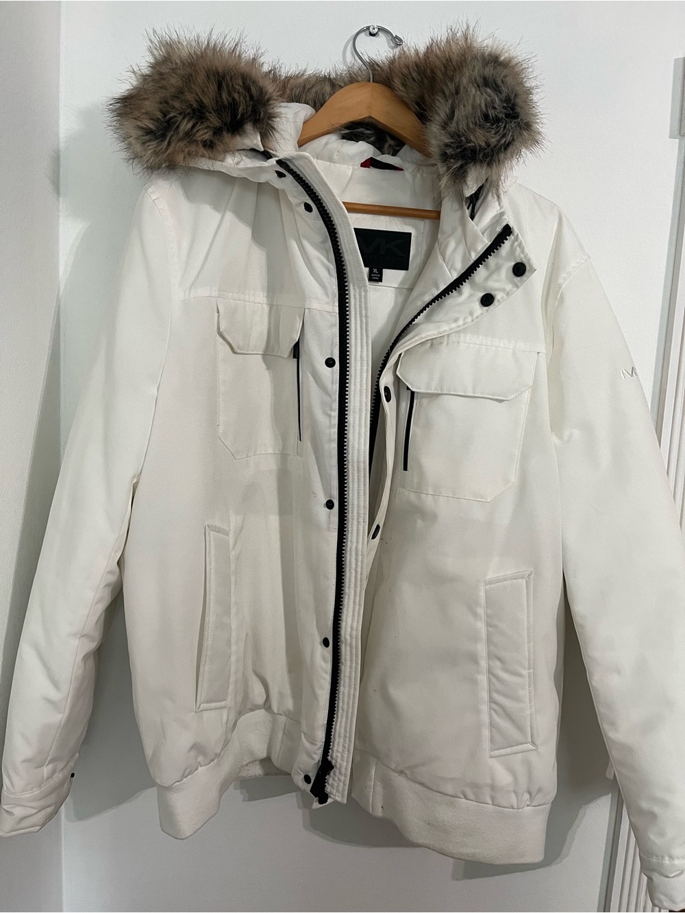 Michael Kors Cream Hooded Ski Jacket with Faux-Fur Trim
